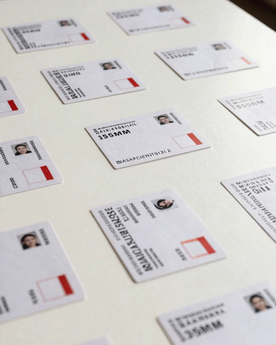 Wide asymmetric editorial photograph of printed identity pieces o