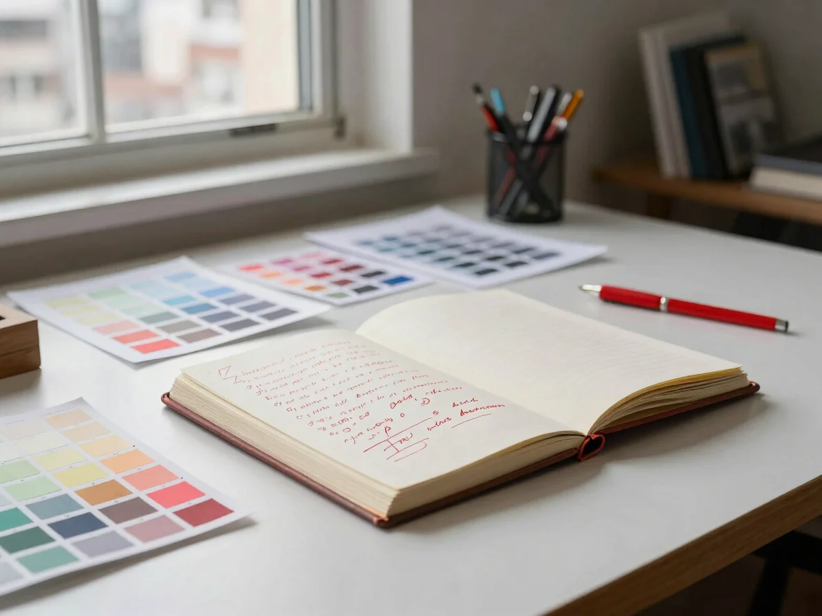 Wide asymmetric editorial photograph of a warm white working desk in a Santiago studio, a open sketchbook with red ink a