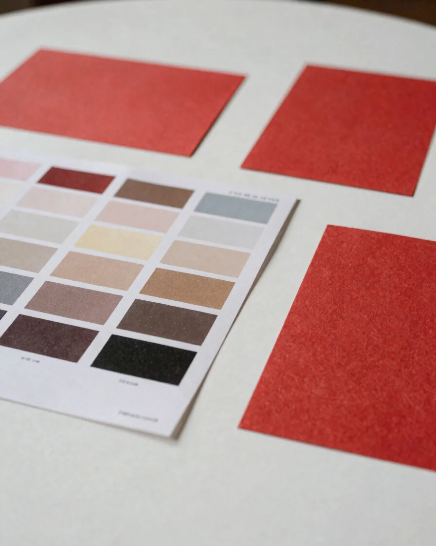 Close editorial detail of printed color swatches and red paper te