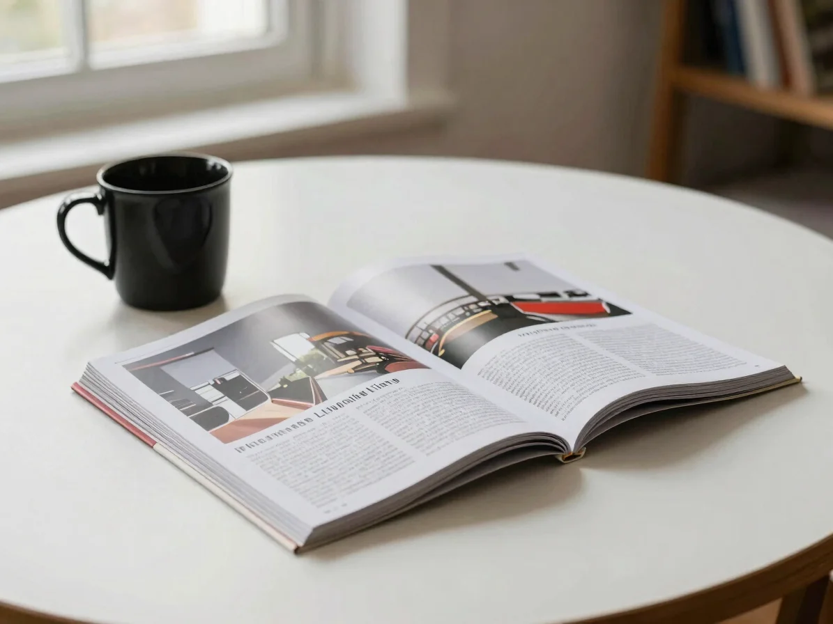 Open printed magazine on a warm white table beside a black cerami