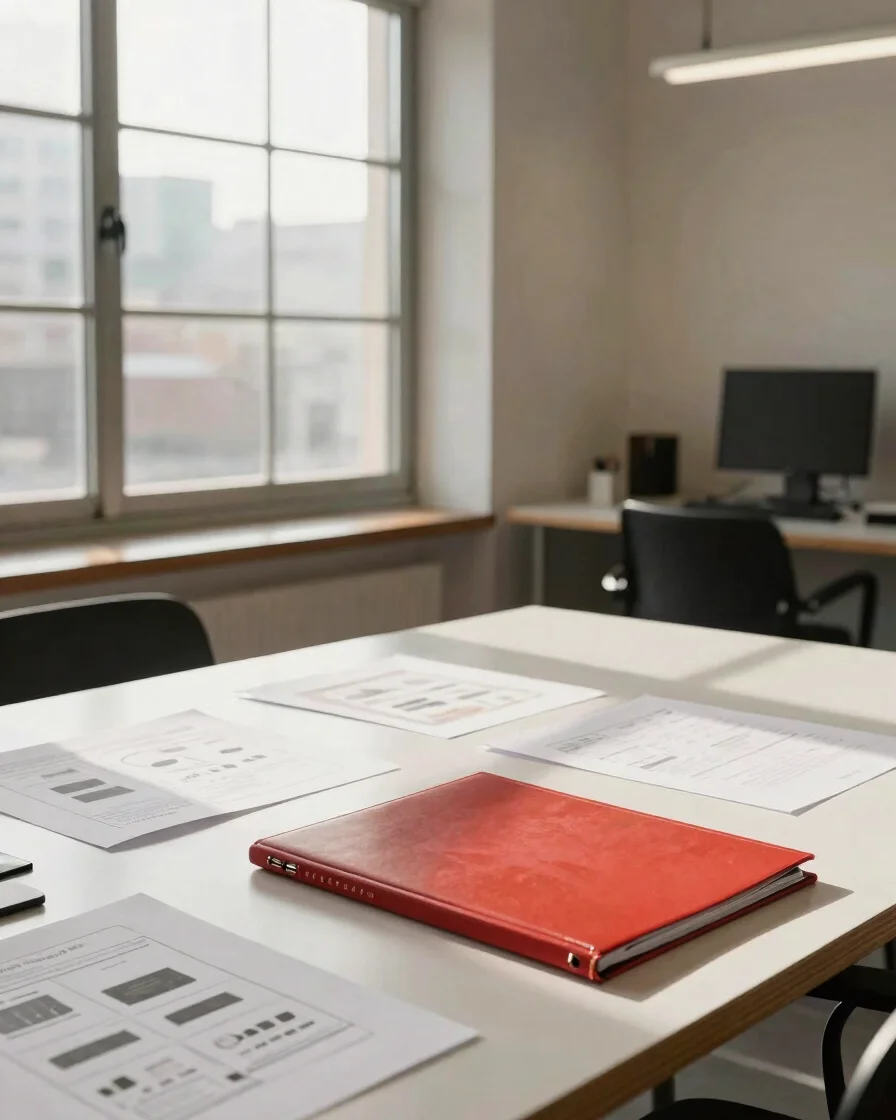 Wide asymmetric editorial photograph of a creative director's wor